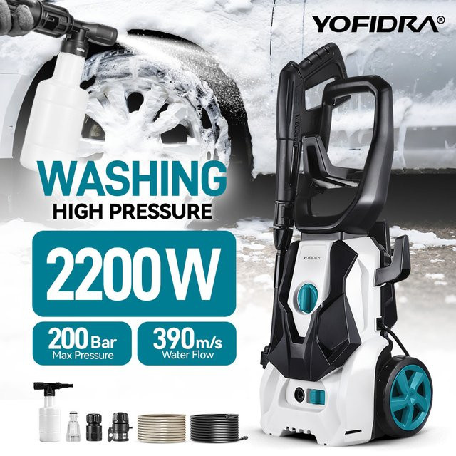YOFIDRA Elektrischer Hochdruck-Autowäscher 2200W mit 200 Bar und verstellbarer 180 Grad Düse in Weiß - Bild 1