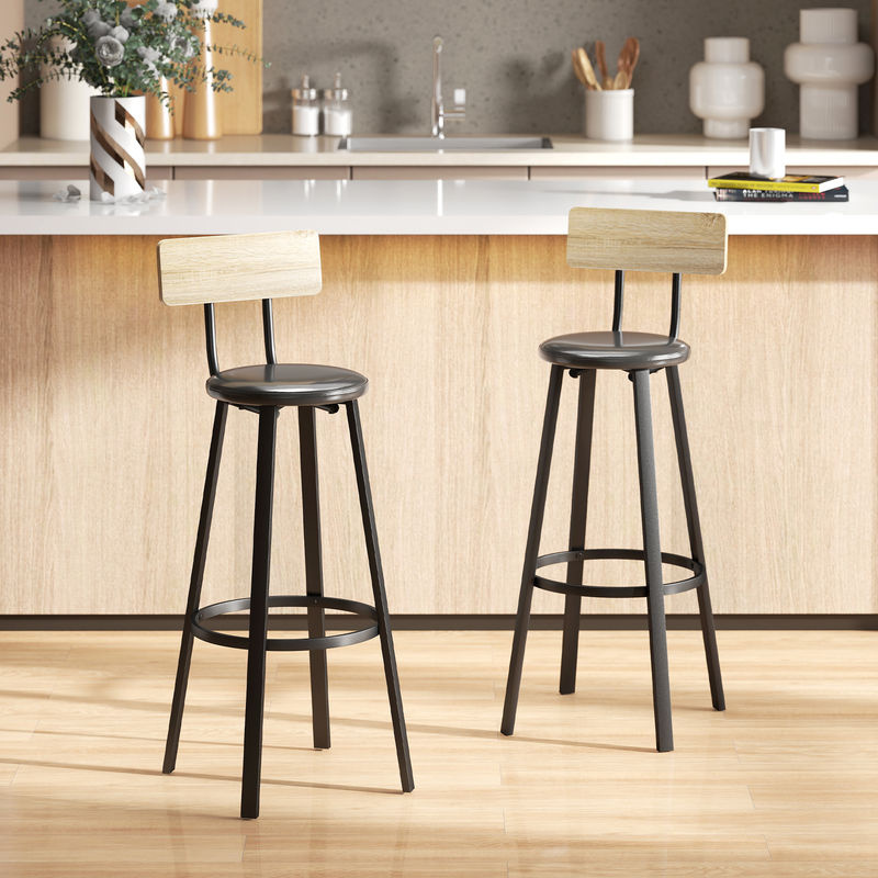 HOMCOM 2er-Set Barhocker im Industrial Style mit Rückenlehne und Fußstütze, PU-Sitz, Farbe: Schwarz/Braun, Sitzhöhe: 75,5 cm - Bild 2