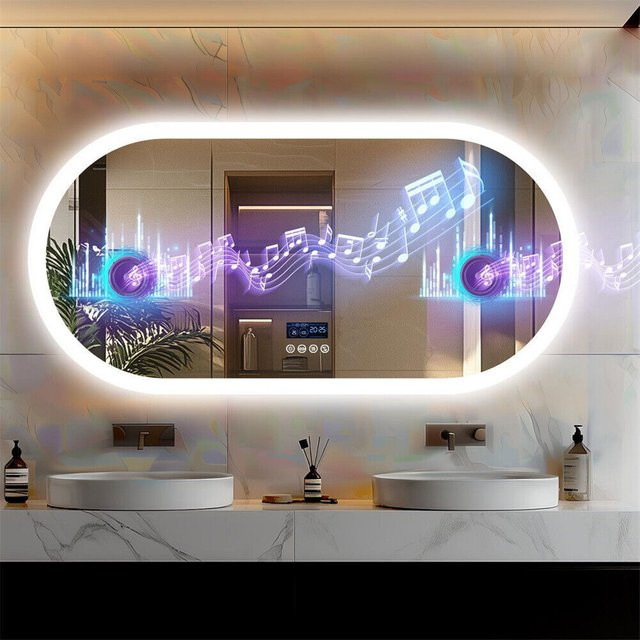 Ovaler LED-Badezimmerspiegel von BORWART mit Bluetooth, Digitalanzeige und Antibeschlag-Funktion in Weiß zur Wandmontage - Bild 1
