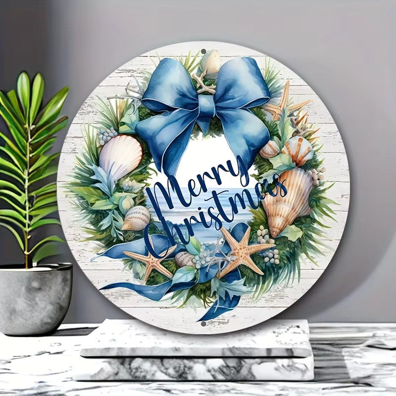 Runder Wandbehang Potdemiel aus Aluminium mit Weihnachts- und Küstenstrand-Motiv, Mehrfarbig, Durchmesser: 20,3 cm - Bild 3