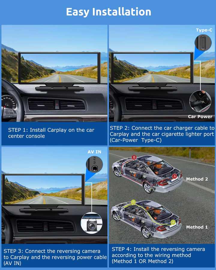 ESSGOO Tragbares Autoradio mit 10.26 Zoll 4K UHD Touchscreen, CarPlay, Android Auto, Bluetooth, WiFi, AUX, FM und Dashcam mit Rückfahrkamera in Schwarz - Bild 2