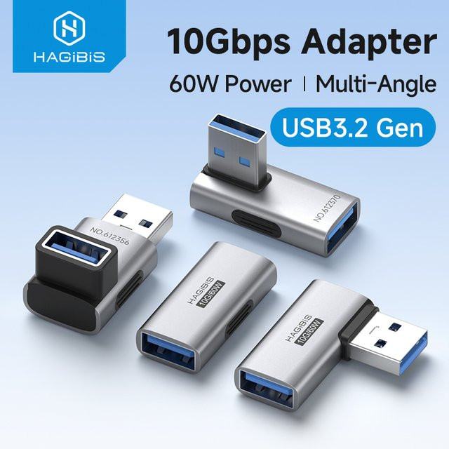 Hagibis USB 3.2 Adapter in Silber: 90-Grad-rechtwinkliger USB-A-Stecker auf Buchse als OTG-Adapter und Kabelverlängerung für Laptop, PC und Ladegeräte - Bild 1
