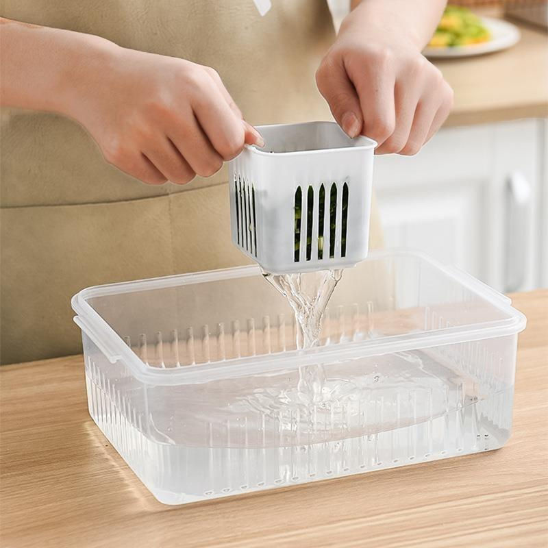 Durchsichtige Kühlschrank-Aufbewahrungsbox mit Abflusskorb für Obst, Gemüse und Fleisch, Weiß/Transparent - Bild 5