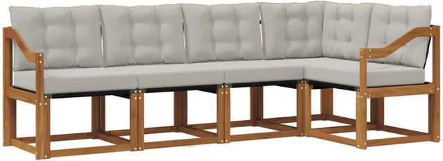 vidaXL Outdoor-Sofagarnitur 5-tlg. L-Form aus Akazienholz mit Textilene und Kissen in Natur und Hellgrau - Bild 1