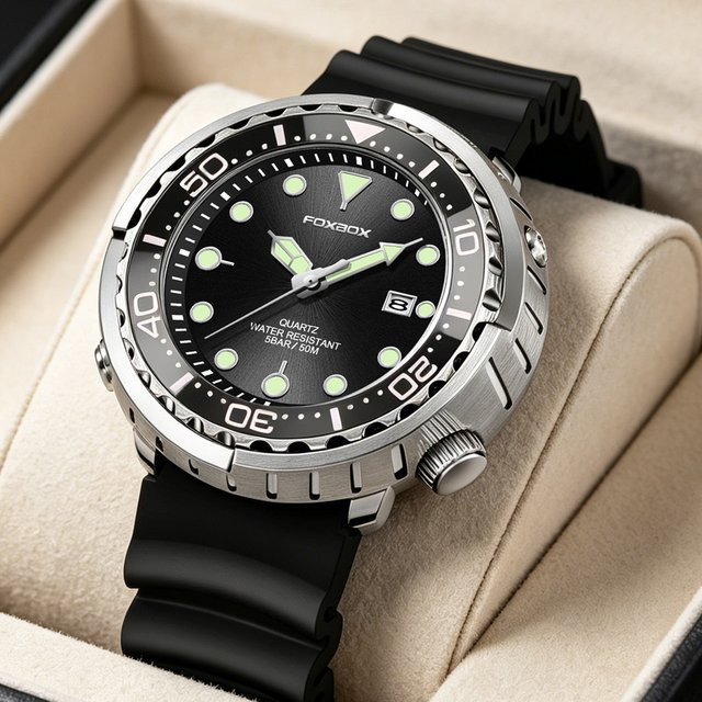 FOXBOX Armbanduhr, Quarz, Edelstahl, Kautschuk, Schwarz, Herren - Bild 1