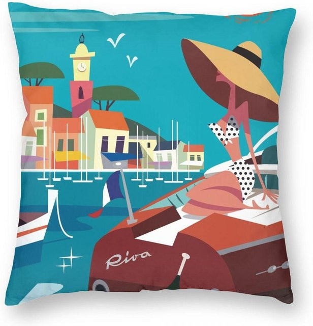 Saint Tropez Poster Quadratische Kissenhülle von Lu Xika Chen aus Polyester und Leinen, Mehrfarbig, B/T/H: 18 x 18 x 18 cm - Bild 1