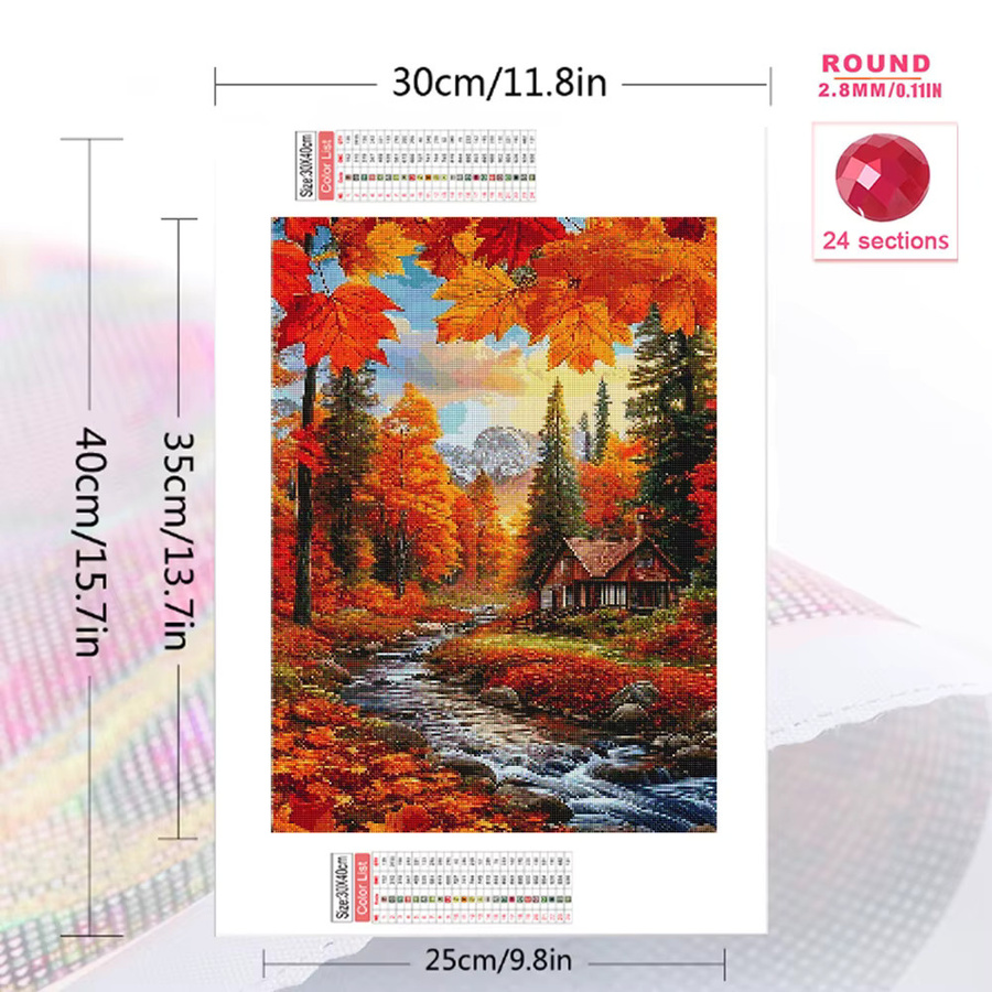 Momoart DIY Diamantstickerei Set Herbst Landschaft Rundes Haus Mosaik Wandbild Multicolour - Bild 2