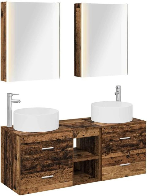 vidaXL Badezimmermöbel-Set aus Altholz und Glas in Braun mit LED-Beleuchtung und Spiegelschrank - Bild 1