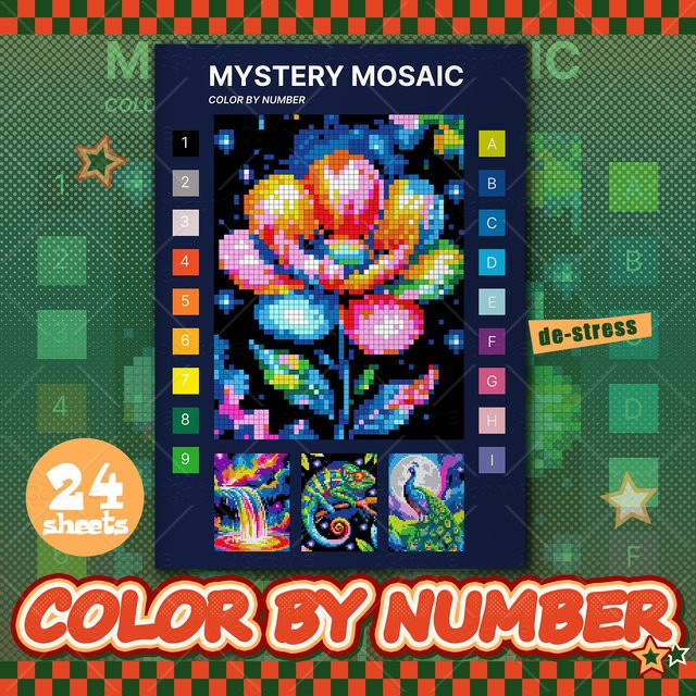 MYSTERY MOSAIC Malbuch für Erwachsene mit handgezeichneten Pixelkunst-Motiven in Multicolor - Bild 1