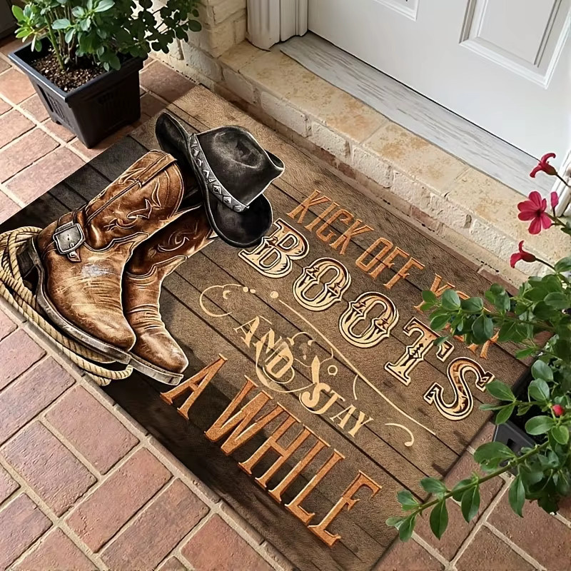 VIKAMA Western Cowboy Fußmatte mit Kick Off Your Boots Aufdruck, Rutschfester und Waschbarer Eingangsteppich im Rustikalen Farmhaus-Stil, Farbe: Braun, B x T: 60 x 40 cm - Bild 5