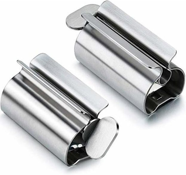 WIKHOSTAR Automatischer Zahnpastaspender und Zahnpasta-Quetscher Set aus Edelstahl in Silber, 2er-Pack - Bild 1
