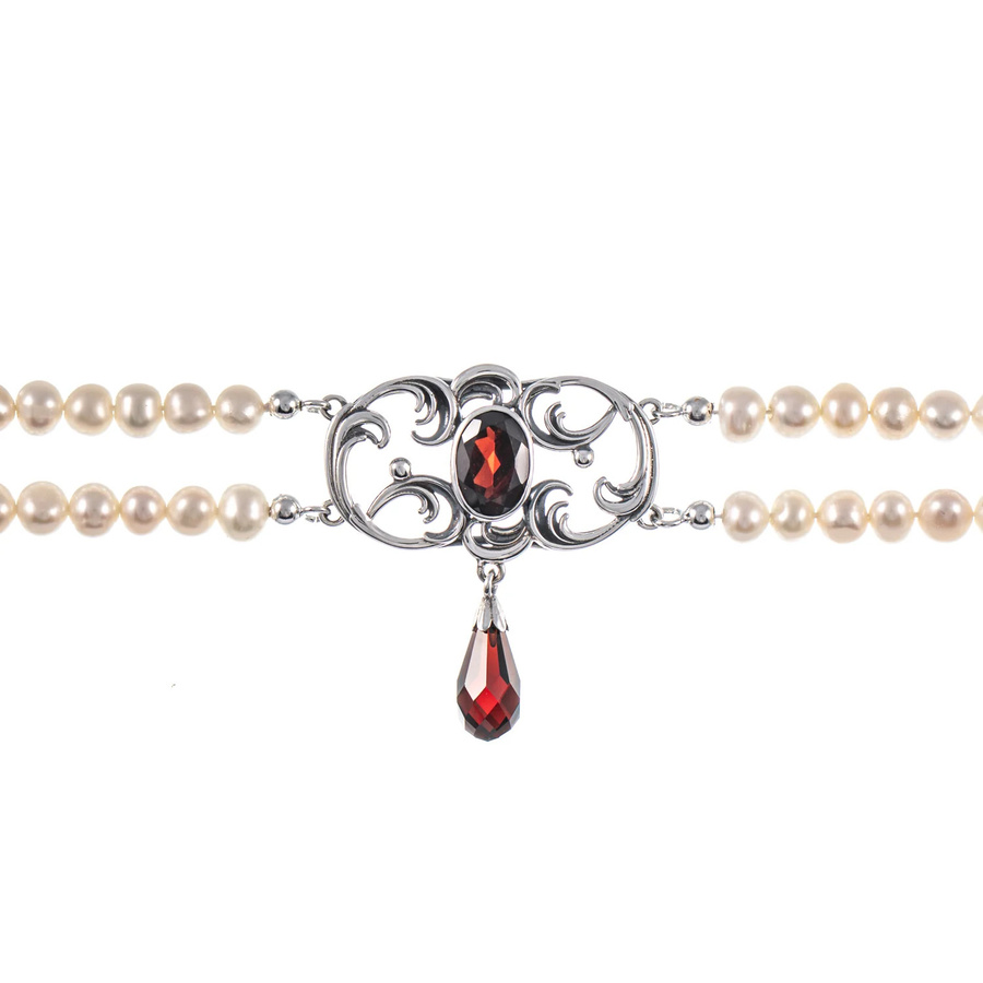 Collier Choker 925 Silber geschwärzt, Granat, Perle, Unisex - Bild 1