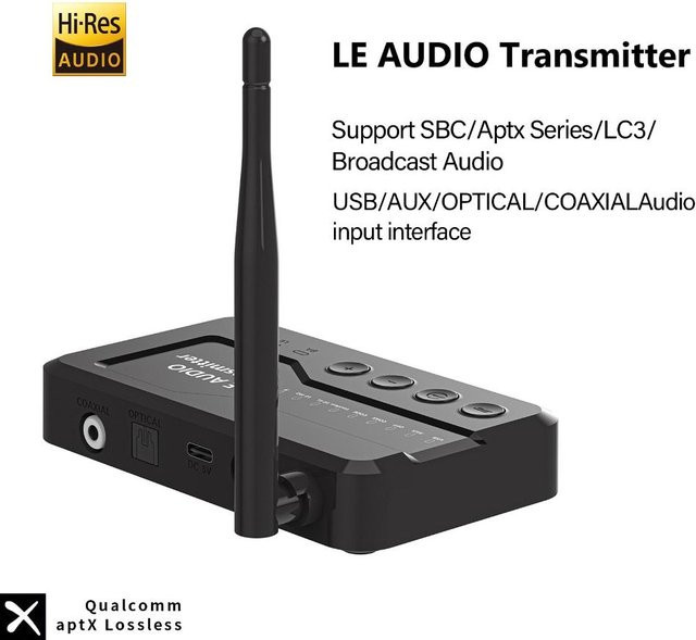 gootrades Auracast LE Audio-Sender mit Bluetooth 5.4 und LC3-Technologie, USB-C kabelloser Stereo-Adapter mit geringer Latenz, Schwarz - Bild 1