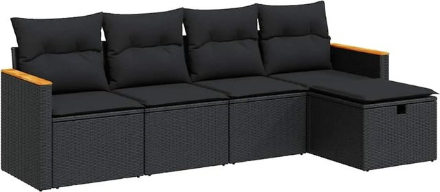 vidaXL 5-teilige Garten-Sofagarnitur aus Poly-Rattan und Akazienholz in Schwarz mit Kissen - Bild 1