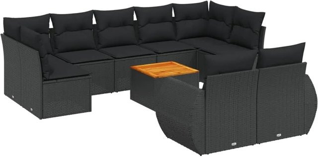 vidaXL 10-tlg. Garten-Sofagarnitur in L-Form aus Poly-Rattan mit Kissen in Schwarz - Bild 1