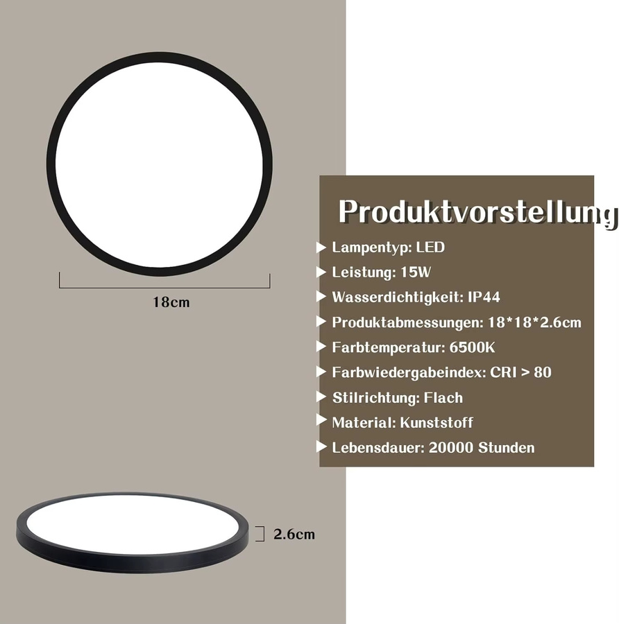 Cliheet LED-Deckenleuchte mit Diamantplatte, rund, Schwarz/Weiß, Durchmesser: 18 cm, 15 W, 6500 K Kaltweiß, IP44 wasserdicht, ideal für Badezimmer, Küche und Flur - Bild 1