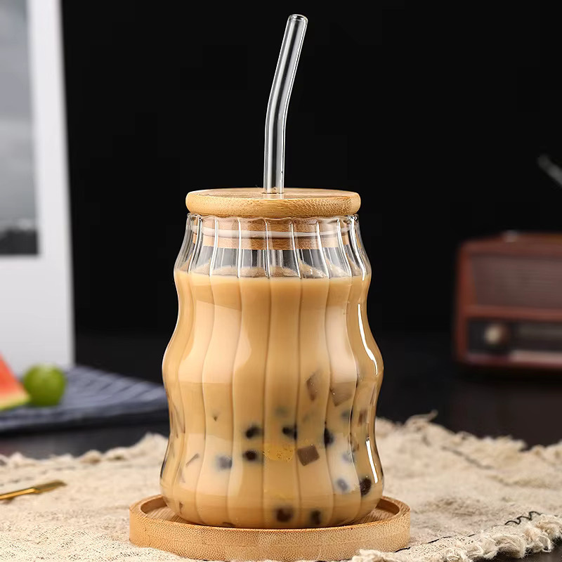 YWDL Glasbecher mit Bambusdeckel und Strohhalm, transparenter Tumbler für Saft, Kaffee oder Milch, 500 ml - Bild 4
