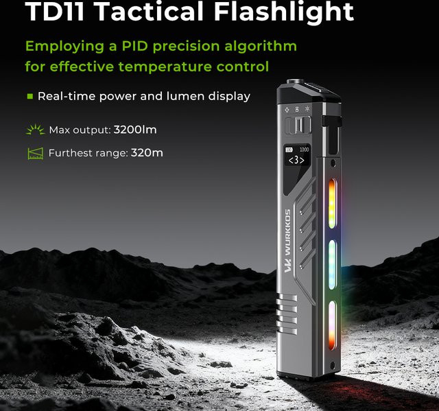 WURKKOS TD11 Taktische LED-Taschenlampe mit 3000 lm, multifunktional und wiederaufladbar, Schwarz - Bild 1