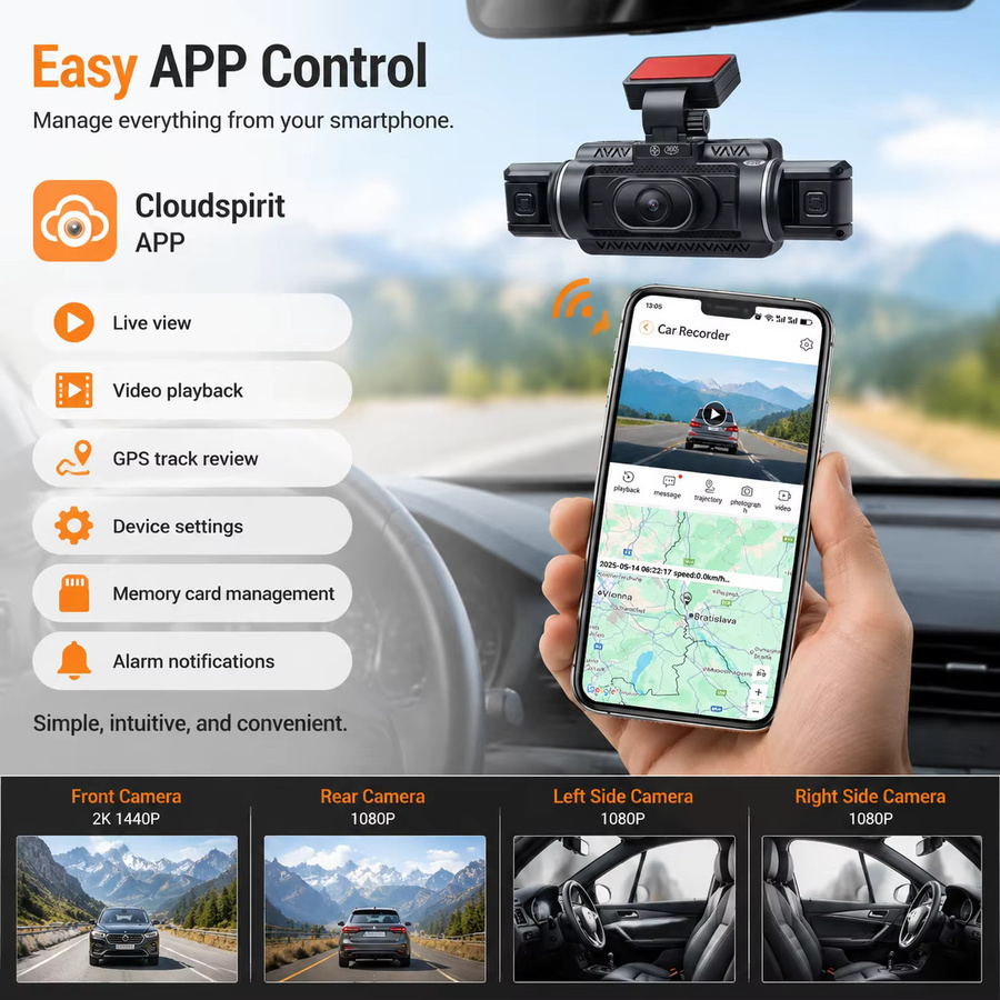 Bluavido 4-Kanal 4G LTE Dashcam mit 1440P Frontkamera und dreifacher 1080P Rückkamera, Schwarz, mit GPS, WLAN, ADAS, BSD und Fernüberwachung - Bild 3