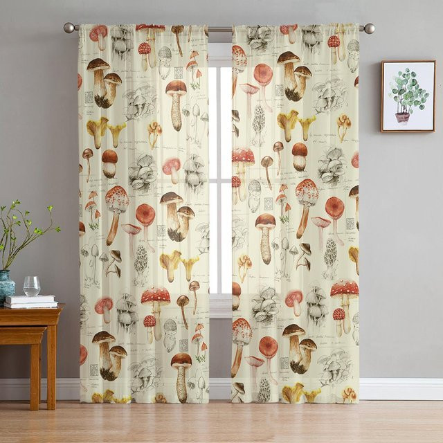 Transparente Voile-Fenstergardinen mit Pilz- und Pflanzenmuster in Beige, B/H: 135 x 137 cm - Bild 1