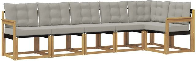 vidaXL Outdoor-Sofagarnitur 6-teilig in L-Form aus Akazienholz und Textilene mit Kissen in Weiß und Hellgrau - Bild 1