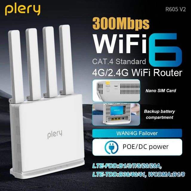 Plery R605 V2 4G LTE CAT4 WiFi6 Router mit 300Mbps, PoE DC Modem, tragbarer SIM-Karten-Hotspot mit Backup-Akku und WAN-Failover, Farbe: Weiß - Bild 1