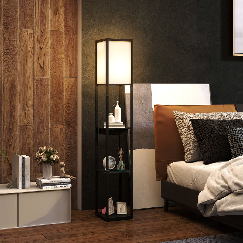 HOMCOM Stehlampe mit 3 Fächern und USB-A sowie USB-C Anschlüssen, Stehleuchte mit Stoff-Lampenschirm, E27 Sockel, Weiß-Schwarz - Bild 2