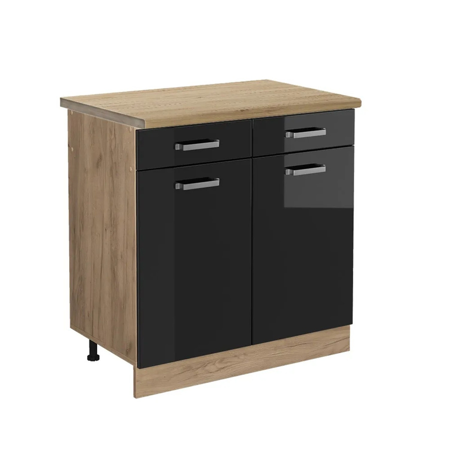Vicco Küchenunterschrank R-Line Schwarz Hochglanz und Eiche mit Türen und Schubladen B: 80 cm, T: 60 cm, H: 81,6 cm - Bild 2