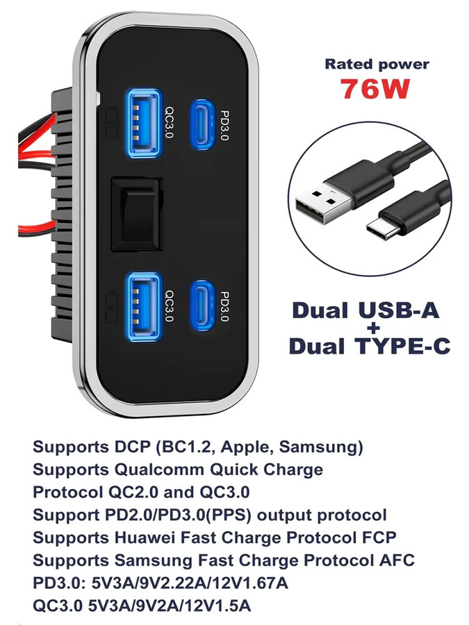 Kebidumei 76 W Dual USB Schnellladegerät mit 4 Ports, Dual PD und Dual QC 3.0 Typ C, Schwarz, für Auto, LKW, Bus und Marine - Bild 7