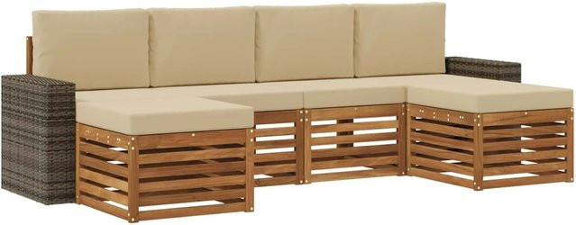 vidaXL Sofagarnitur L-Form aus Massivholz Akazie in Natur und Beige mit 6 Teilen und wetterfesten Kissen - Bild 1
