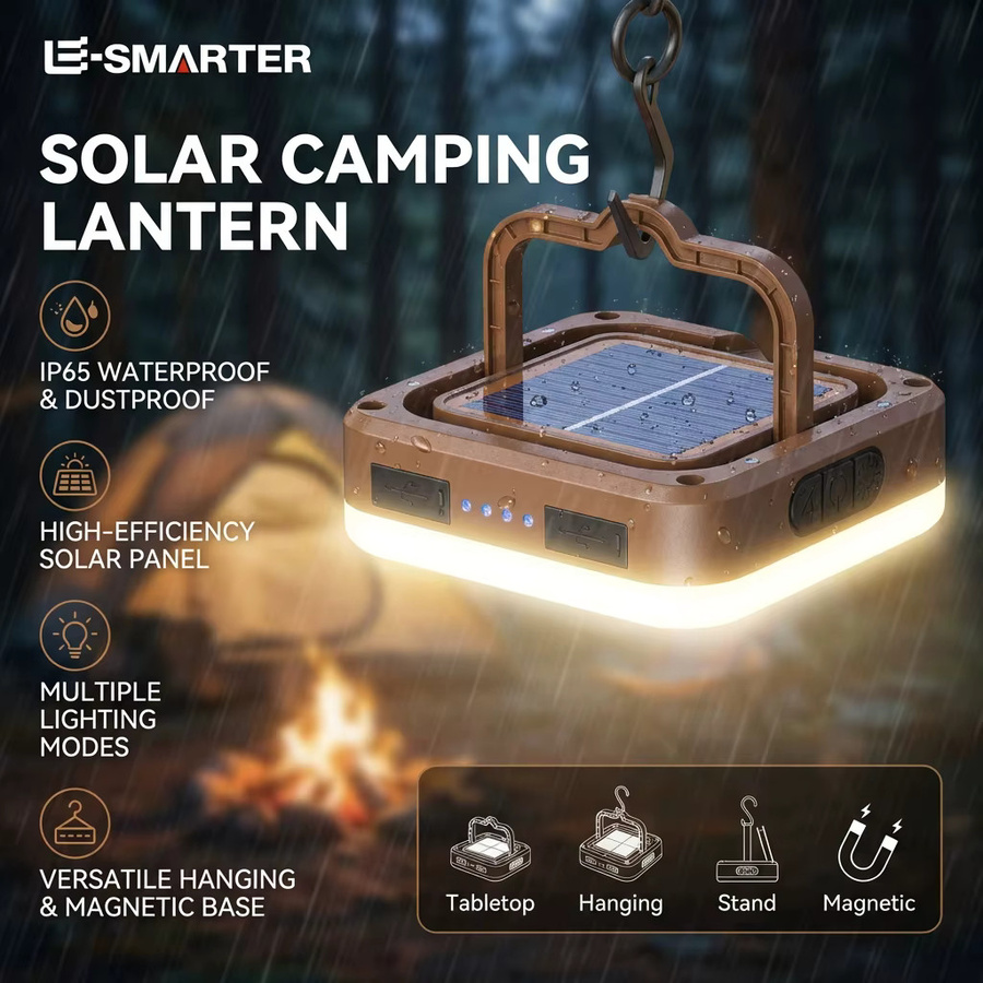ESMARTER Solar Camping Solarlampe mit COB LED, tragbare wiederaufladbare Hängelampe mit Haken in Schwarz für Outdoor, Wandern und Angeln - Bild 6