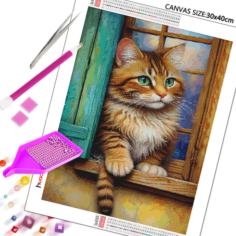 Huacan 5D-Diamantgemälde zum Selbermachen Katzenfenster Motiv in Multicolour B/H: 30 x 20 cm - Bild 2