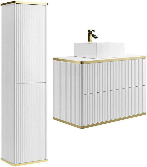 Vente-unique Badmöbel-Set Keliza in Weiß im Art-déco-Stil mit Aufsatzwaschbecken und Hochschrank, Breite: 80 cm, Tiefe: 47 cm, Höhe: 54 cm - Bild 1