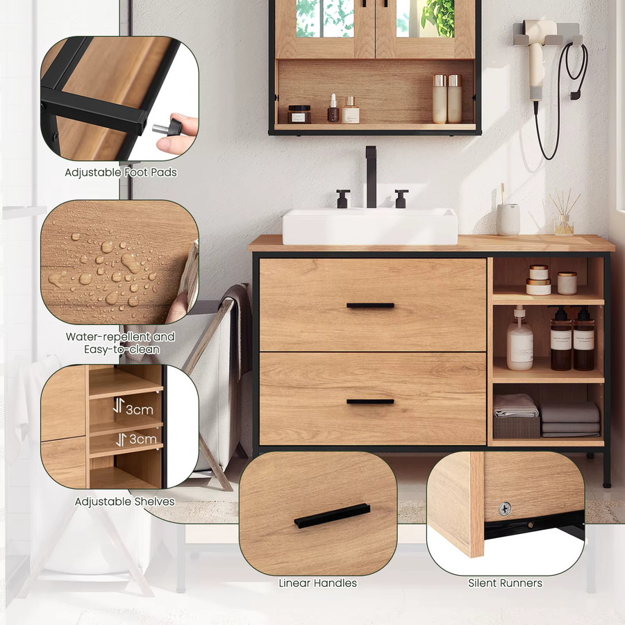 EUGAD Badezimmerschrank Waschtischunterschrank mit 2 Schubladen und 3 Fächern in Eiche Beige Braun, B/T/H: 90 x 60 x 30 cm - Bild 3