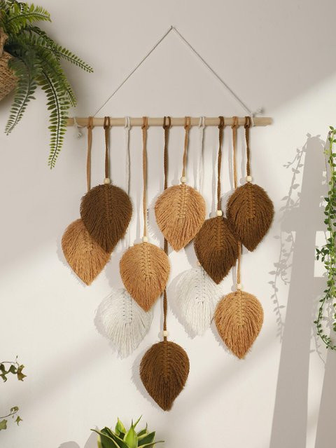 Mango Event Makramee Wandteppich mit Blattmotiv in Braun und Grün, Boho Wandbehang für dein Wohnzimmer, Breite: 75 cm, Höhe: 39,5 cm - Bild 1