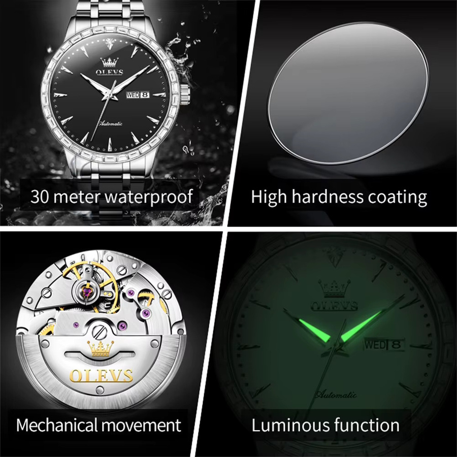 OLEVS Armbanduhr, Automatik, Edelstahl, Diamant, Herren, Schwarz, Silber - Bild 6