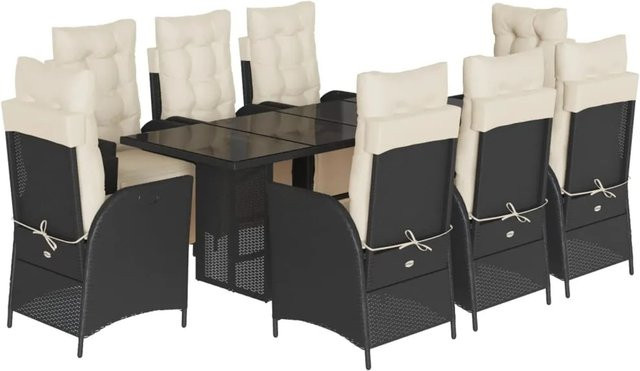 vidaXL 9-teilige Garten-Essgruppe aus Poly-Rattan mit Kissen und Hartglas in Schwarz-Creme - Bild 1