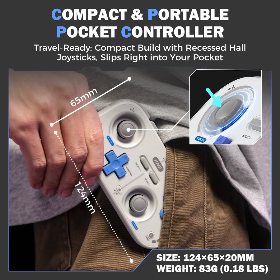 IINE Mini Pocket Retro Game Controller für Nintendo Switch, PC, iOS und Android in Grau mit Hall-Joysticks und höhenverstellbaren Tastenkappen - Bild 6