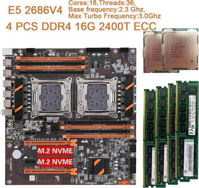 YiHESZ X99 Dual-CPU-Mainboard E-ATX mit Dual Xeon E5 2686V4 Support, LGA 2011 V3, 8 DIMM DDR4 Slots, Dual M.2 NVMe Slots und USB 3.0, Schwarz - Bild 1