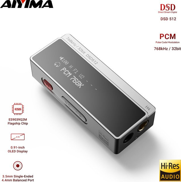 AIYIMA H4 Tragbarer HIFI Kopfhörerverstärker mit USB DAC AMP, ES9039Q2M, PCM768, DSD512, OLED-Display und 3,5 mm sowie 4,4 mm Klinkenausgang - Bild 1