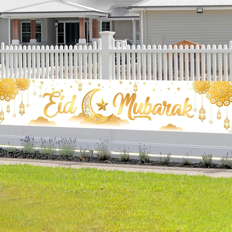 VIKAMA Eid Mubarak Banner in Weiß und Gold für muslimische Festivals und Partys als Wanddekoration - Bild 3