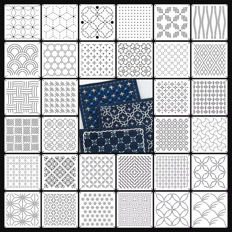 Velishy Sashiko-Stickerei-Schablone Set aus transparentem PET mit 9 bis 32 geometrischen Patchwork-Mustern für DIY-Handarbeiten - Bild 2