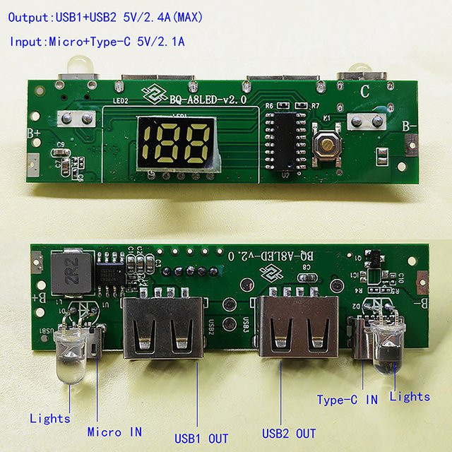 Digitales Display Powerbank Schaltungsstreifenmodul A8188 mit Type-C und Micro-USB, 5 V 2 A, Grün - Bild 1