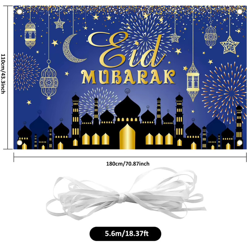 VIKAMA Eid Al Fitr Ramadan Mubarak Hintergrundbanner für deine Partydekoration in Blau mit Mond-Motiv und orientalischem Design - Bild 2