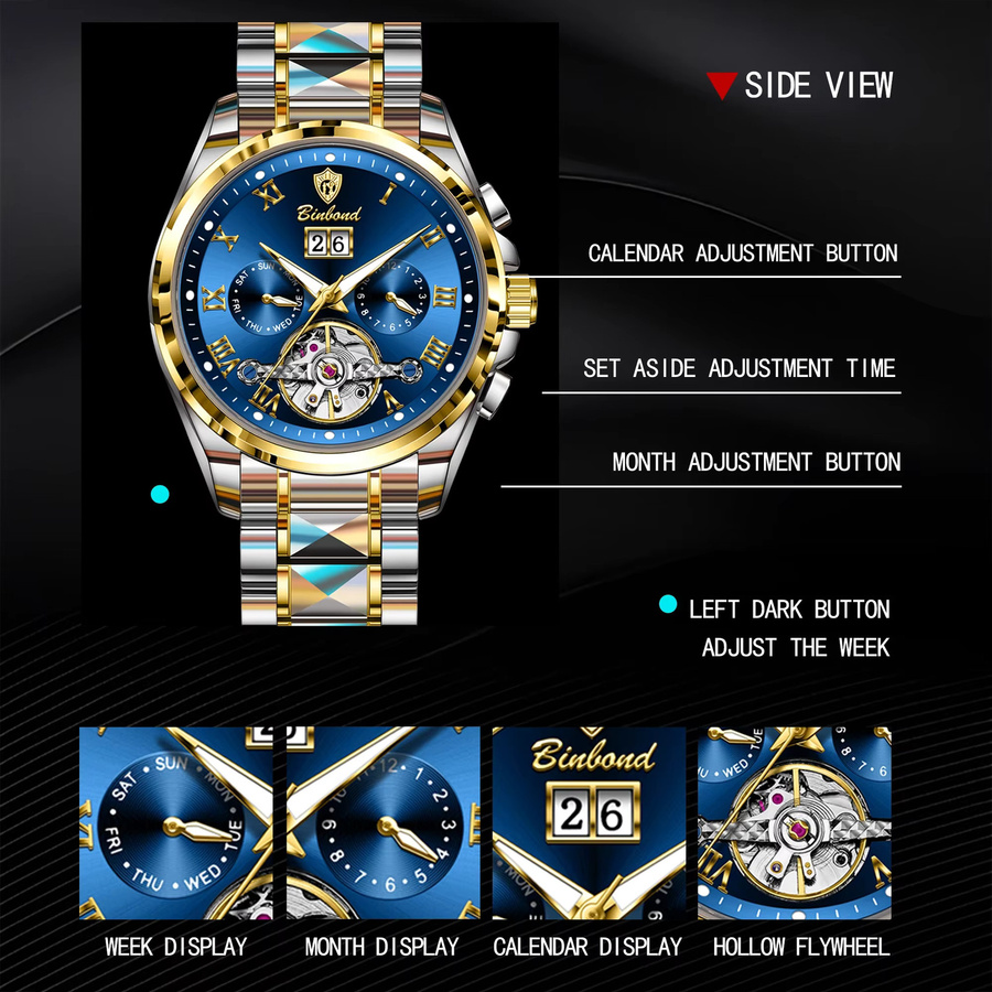 BINBOND Armbanduhr Automatik, Edelstahl, Schwarz, Herren - Bild 3