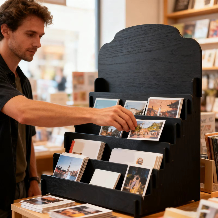 4-stöckiges Grußkarten-Präsentationsregal aus Holz in Schwarz als stehender Bodenhalter für Postkarten, Broschüren und Kunsthandwerk - Bild 3