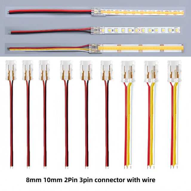Lötfreier COB-LED-Drahtverbinder mit 8 mm und 10 mm Anschluss für FCOB RGB CCT LED-Streifen, Set aus 2 3-poligen Steckern mit Draht, Mehrfarbig - Bild 1