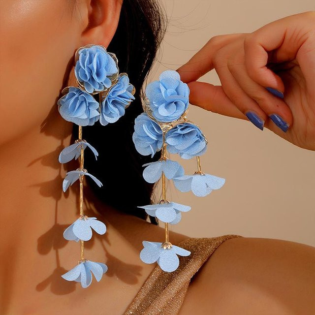 YULIN Ohrringe, Rosa Netz Blume, Langer Quastenanhänger, Damen, Blau - Bild 1