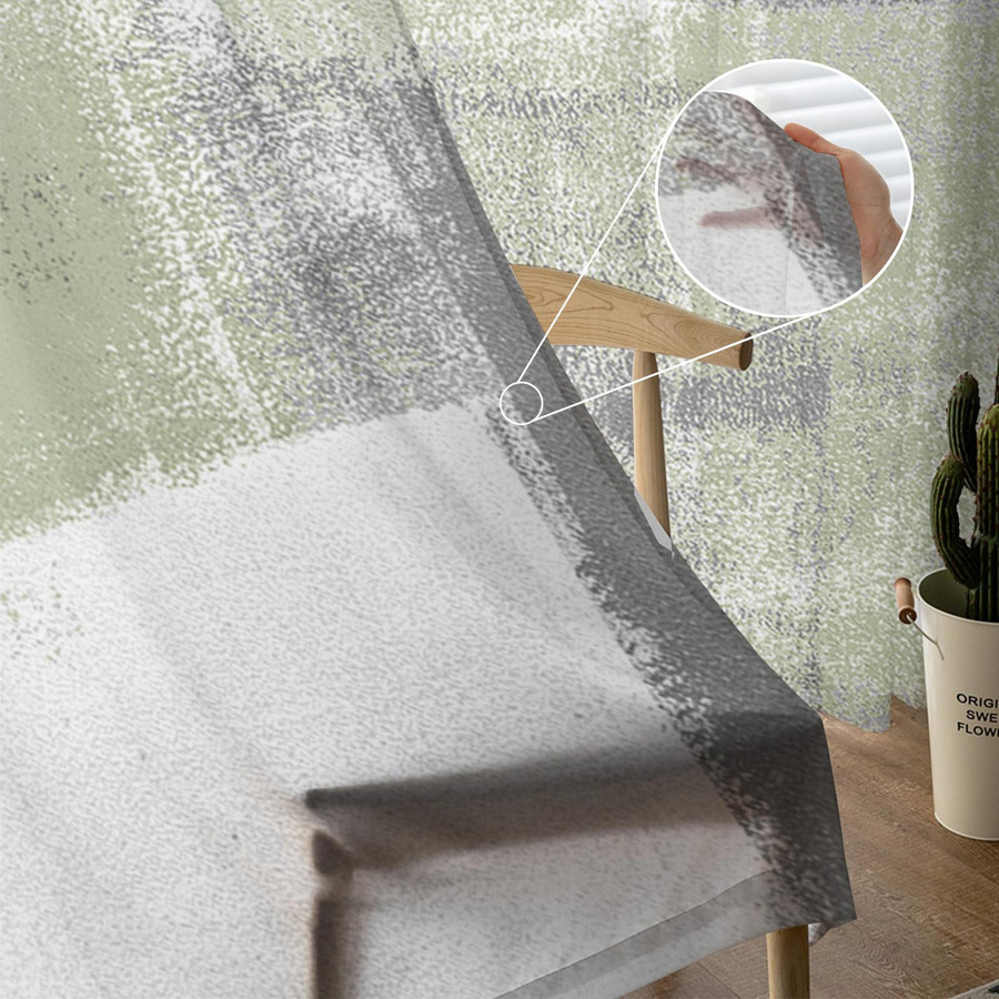 Salbeigrüne transparente Tüll- und Voile-Vorhänge mit Grafikdesign für Wohnzimmer und Küche, 2er-Set, B: 135 cm, H: 115 cm - Bild 2