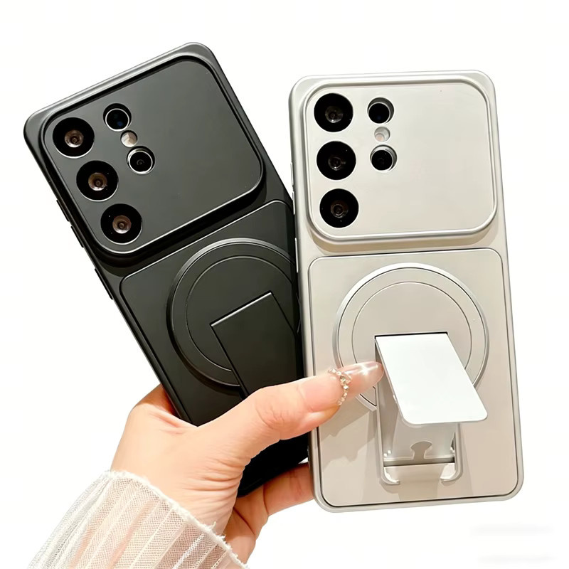 Magnetische Matte Schutzhülle mit faltbarer Halterung für Samsung Galaxy S26 S25 S24 S23 S22 S21 Ultra Plus FE in Silber mit MagSafe Kompatibilität - Bild 3